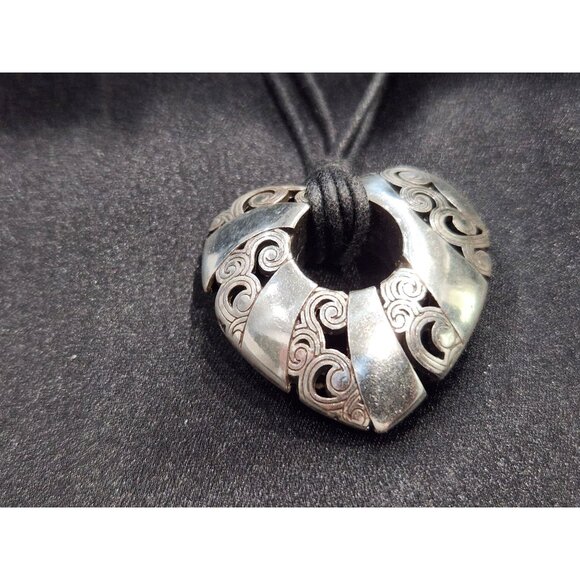 Brighton Kismet Heart Pendant Necklace Silver Scroll on Black Leather Cord - Picture 3 of 7